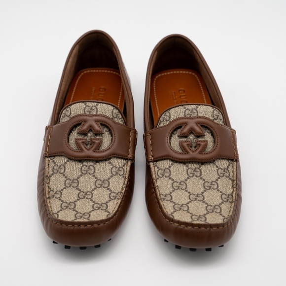8G 8.5 US Gucci Interlocking G Leather Moccasin Driver Brown Loafers Leather - Picture 3 of 12